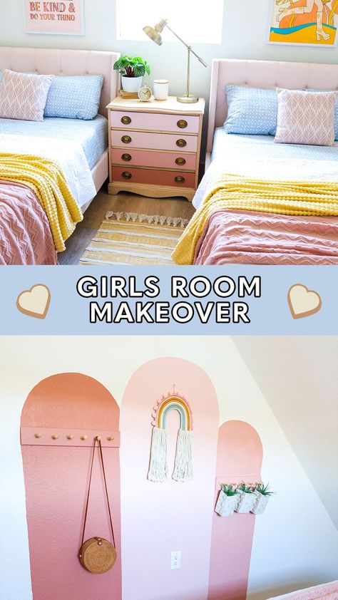 Give your daughter her dream bedroom! 👧 Here some budget friendly DIY's for your sweet princess! What is your daughter's favorite color ? Hers are pink and pastel 💟 Painting Daughters Room, Tie Dye Bedroom Girl Rooms, Diy Girls Room Decor, 8-10 Years Girl Room Decor Ideas, Wall Paper For Teen Girls Room, Barbie Room Decor Kids Girls Bedroom, Girls Room Makeover, Ikea Wall Cabinets, Diy Room Decor For Girls