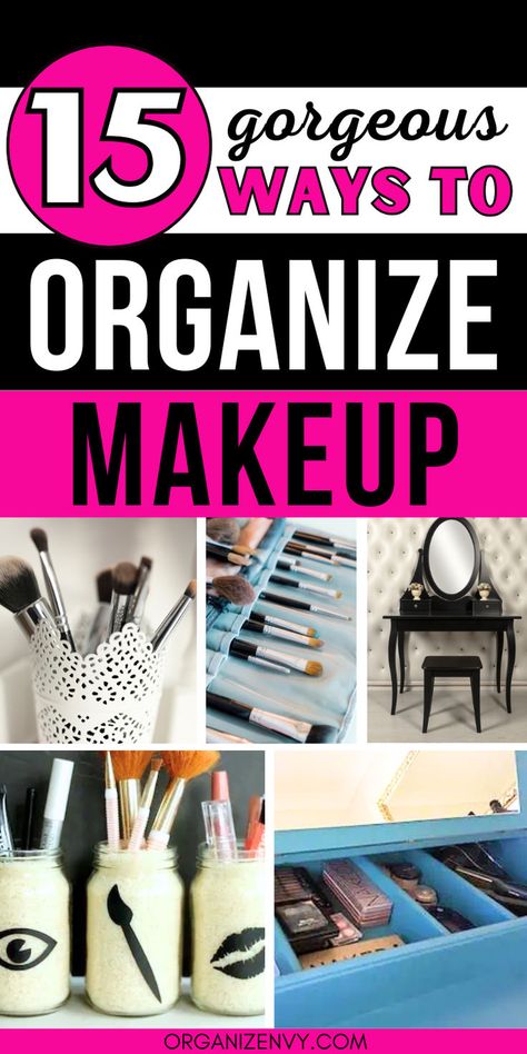 Collage of photos showing different ways to organize makeup. Ways To Organize Makeup, Makeup Vanity Organization Ideas, How To Organize Makeup, Makeup Organization Ideas, Product Organization, Makeup Organizing Hacks, Makeup Storage Hacks, Makeup Storage Ideas, Dollar Tree Makeup