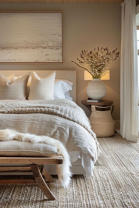 Beige Brown And White Bedroom, Soft Luxury Bedroom, Bedding Ideas Beige, Bedroom Ideas Beige Walls, Cozy Hotel Bedroom, Beige Bedroom Walls, Cozy Beige Bedroom, Beige Bedroom Aesthetic, Beach House Decorating Ideas