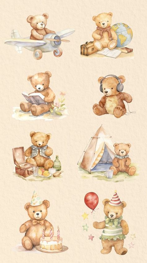 Cute watercolor teddy bears isolated image set | premium image by rawpixel.com / Busbus Vintage Teddy Bear Illustration, Teddy Bear Drawings, Balloon Teddy Bear, Teddy Bear Watercolor, Watercolor Teddy Bear, Teddy Bear Drawing, Teddy Bear Cartoon, Background Cartoon, Bear Watercolor