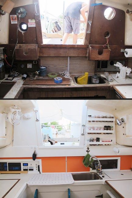 Before & After | Sailboat Remodel | Sailing Blog verywellsalted.com Sailboat Remodel, Sailboat Restoration, Liveaboard Sailboat, Boat Interior Design, Boat Galley, Sailboat Interior, Sailboat Decor, Sailboat Living, Sail Life