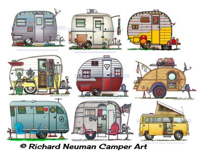 Vintage Camper Art, Vintage Motorhome, Retro Trailers, Camping Pics, Kombi Motorhome, Camper Art, Camping Vintage, Drawing Vintage, Vintage Camper Remodel