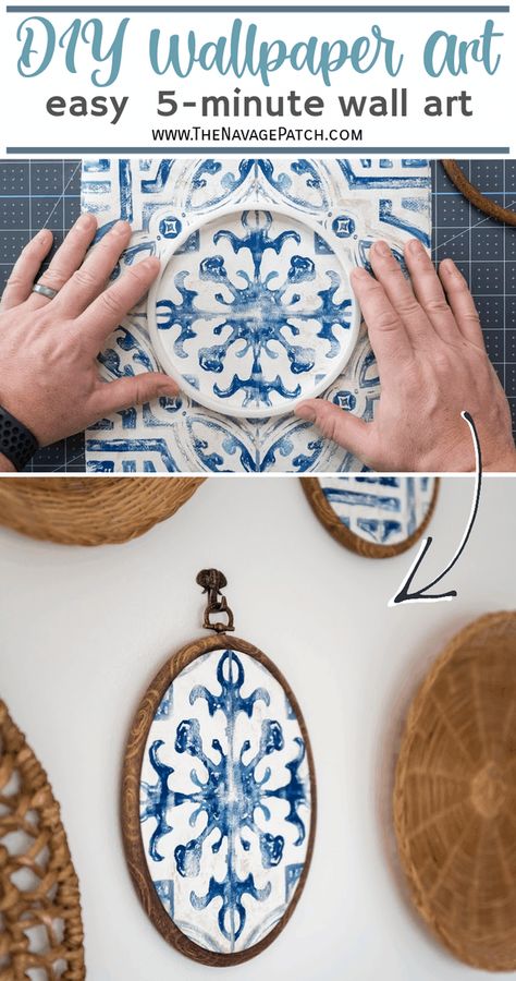 Wall Art With Fabric Diy Projects, Diy Spanish Decor, Hoop Wall Art, Hoop Wall Decor, Embroidery Hoops Diy Wall Art, Blue White Embroidery, Diy Fabric Home Decor, Diy Tile Wall Art, Wallpaper Scraps