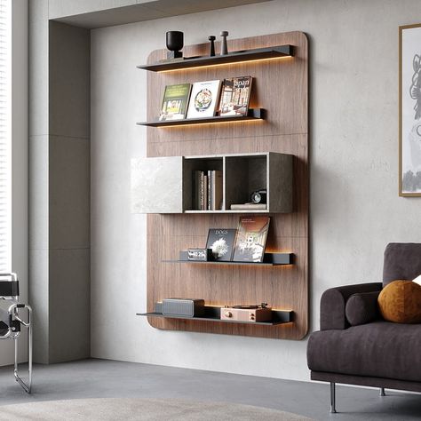 5-Tier Modern Walnut Floating Bookshelf with Storage and LED Bookcase Modern Wall Cabinet, Walnut Bookshelf, Shelves Window, Bookshelf With Storage, Shelves Office, Modern House Decor, Dining Corner, Floating Bookshelf, Stemware Storage