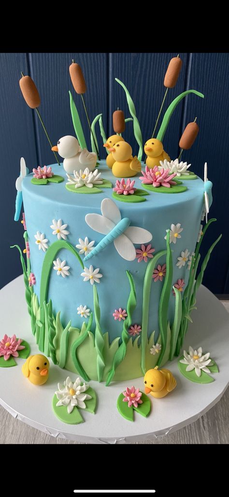 Pond Birthday Party, Duck Pond Cake, Duck Cakes Birthday, Duck Theme Cake, Duck Cake Ideas, Duck Birthday Cake, Duck Cakes, Duck Birthday Theme, Dragonfly Cake