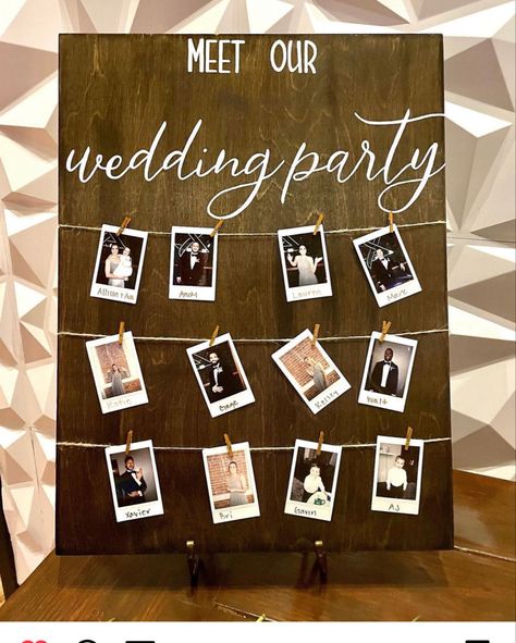 Meet Our Bridal Party Sign, Meet The Bridal Party Display, Wedding Signage Reception, Meet The Wedding Party Display, Wedding Photo Display At Reception, Uneven Wedding Party, Wedding Reception Ideas Fun, Wedding Party Pics, Reception Party Ideas