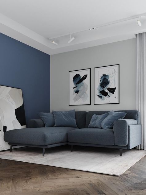 Grey Walls Blue Trim, Wall Painting Ideas Living Room Interior Design, Fun Wall Colors Paint, Grey And Blue Living Room, Living Room Color Combination, Room Color Combination, Bedroom Color Combination, Living Room Wall Color, Room Wall Colors