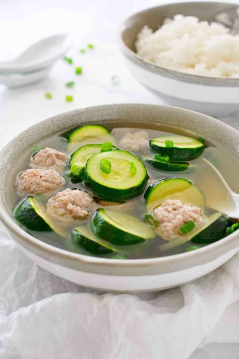 Simple Zucchini and Meatball Soup - Scruff & Steph Wellington Food, Watercress Recipes, Keto Zucchini, Asian Noodle Recipes, Pork Soup, Meatball Soup, Asian Soup, Healthy Low Carb Recipes, Beef And Noodles