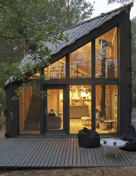 Cabin Interior Design, Timber Walls, Tiny Cabins, Cabin House, Tiny Cabin, Big Windows, House Cabin, Small Cabin, Tiny House Cabin