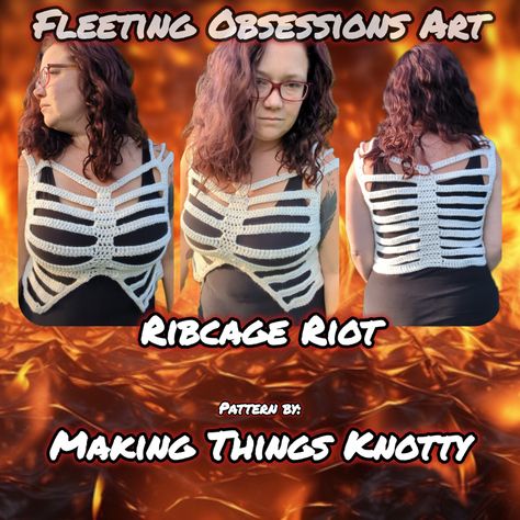 Are you excited for the release of the Ribcage Riot top?  Go follow @makingthingsknotty and get the pattern soon!  You will be able to order ready made tops soon!  #makingthingsknotty #fleetingobsessionsart #fleetingobsessionscrafts #ribcageriot #skeletontop #skeleton #ribcage #bones #crochet #crochetribcage #altcrochet Crochet Rib Cage Top Pattern, Crochet Rib Cage Pattern, Crochet Skeleton Corset Pattern Free, Crochet Ribcage Top, Ribcage Crochet, Crochet Skeleton Top, Skeleton Crochet, Crochet Skeleton, Yarn Creations