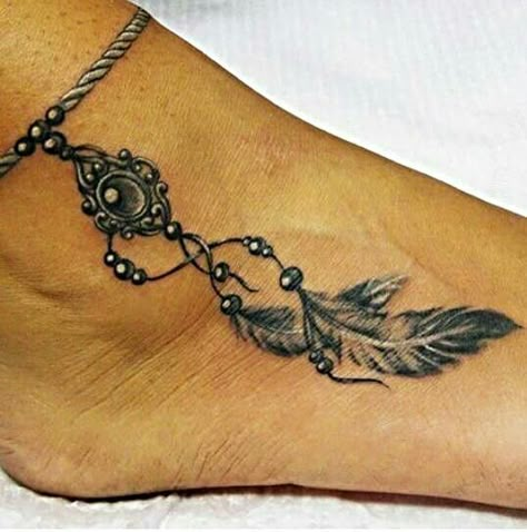 Feather anklet beads charm pendant tattoo design beautiful detail Beads Tattoo, Tattoo Feather, Charm Tattoo, Ankle Tat, Ankle Bracelet Tattoo, Tato Henna, Anklet Tattoos, Geniale Tattoos, Tattoo Bracelet