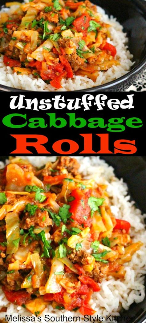 Unstuffed Cabbage Rolls Cabbage Roll Stir Fry, Main Dinner Dishes, Rice For Dinner, Melissas Southern Style Kitchen, Unstuffed Cabbage Rolls, Cabbage Roll Casserole, Unstuffed Cabbage, Cabbage Rolls Recipe, Stuffed Cabbage