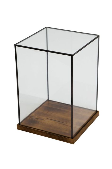 Tall glass display case with lead piping and wooden base Glass Box Design, Table Merchandising, Glass Box Display, Display Case Design, Watches Display, Merchandise Display, Glass Display Box, Indian Wall Decor, Short Glass