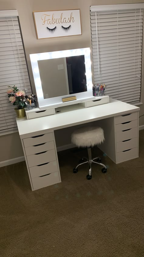 IKEA Alex drawers and vanity mirror from amazon. Stool from home goods Alex Drawer Nightstand, Vanity Alex Drawers, Ikea Alex Desk Vanity, Alex Vanity Ikea, Alex Desk Vanity, Ikea Alex Vanity Ideas, Ikea Makeup Vanity Ideas, Alex Drawer Vanity, Vanity Mirror Ideas Bedrooms