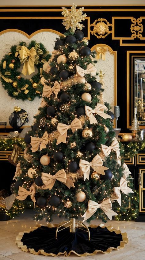 Christmas Decor Black And Gold, Decor For Console Table, Jingle Bell Decor, Console Table Christmas Decor, Christmas Decorations Black, Black And Gold Christmas Decor, Christmas Decorations Gold, Gold Christmas Decor Ideas, Black White Christmas Tree