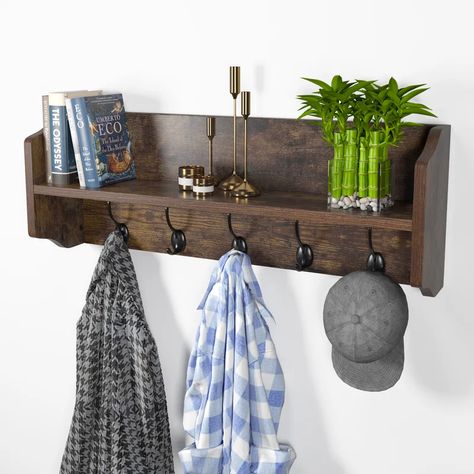 Millwood Pines Zidane 5 - Hook Wall Mounted Coat Rack with Storage in Vintage & Reviews | Wayfair Hanging Entryway Shelf, Wall Mount Tv Shelf, Hallway Vintage, Floating Storage Shelves, Cubby Organizer, Coat Rack With Shelf, Coat Rack With Storage, Entryway Hooks, Kitchen Wall Shelves