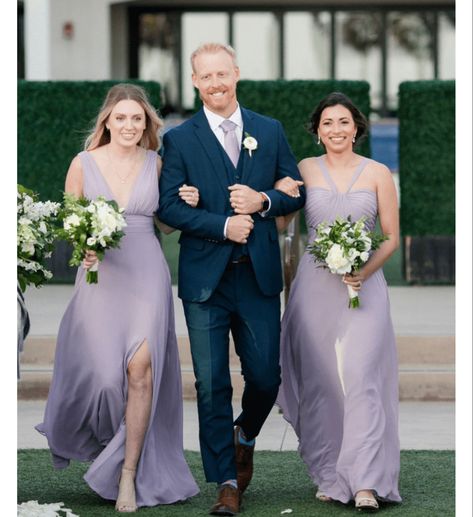 Navy blue suit and wisteria colored bridesmaid dress and tie. Wisteria Wedding Colors, Chiffon Fabric Swatch, Lilac Wedding Colors, Navy Blue Groomsmen, Blue Groomsmen Suits, Wisteria Wedding, Blue Groomsmen, Navy Suit Wedding, Wedding Color Palette Summer