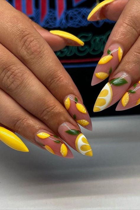 Brighten up your summer with lemon nails by @carries_nails18, adding a zesty and refreshing touch to your manicure that perfectly complements the sunny season. Explore the top 25 summer nail design ideas at Nailustrous and level up your nail game now! Pastel Nail Colors, Peach Nail Art, Summer Nail Design Ideas, Fruit Nail Designs, Lemon Nails, Food Nails, Fruit Nail Art, Summer Nail Designs, Rose Nail Art