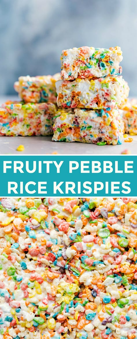 Colorful, sweet, and easy to make fruity pebble rice krispie treats will be a hit wherever you serve them! These treats take minutes to assemble, are easy to transport, and require only 6 ingredients. #treats #recipe #fun #desserts #cereal bars Fruity Pebble, Krispie Treats Recipe, Rice Recipes For Dinner, Colorful Desserts, Cereal Treats, Kid Desserts, Rice Crispy Treats, Fruity Pebbles, Crispy Treats