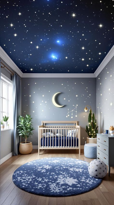 Nursery Room Ideas Constellation Themed Nursery, Sky Ceiling Nursery, Modern Baby Boy Nursery Room Ideas, Starry Night Nursery Theme, Unique Baby Nursery Ideas, Celestial Nursery Girl, Celestial Nursery Theme, Moon Nursery Theme, Sky Nursery Theme