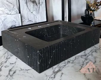 AtaMarbleDesign - Etsy Black Marble Floating Sink, Marble Powder Room, Fluted Sink, Loft Vibes, Marble Bathroom Sink, Marble Products, Powder Room Sink, Floating Sink, Marquina Marble