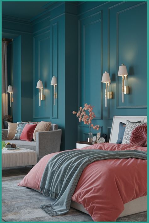 Elegant bedroom with teal walls, pink bedding, and modern wall sconces. Bedroom With Teal Walls, Teal Wall Bedroom, Teal Bedroom Walls, Teal Wall Decor, Wall Decor Inspiration, Teal Bedroom, Cozy Bedroom Ideas, Bedroom Tips, Teal Walls