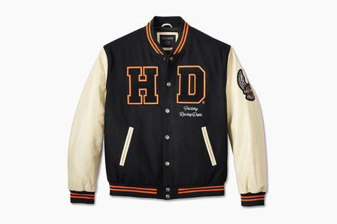 Harley-Davidson Celebrates 120th Anniversary With LE Varsity Jacket | HiConsumption Jaket Motor, Harley Davidson Vest, Cafe Racer Leather Jacket, Sport Jacket Men, Jacket Ideas, Knitted Collar, Varsity Jacket Men, Shield Logo, Leather Sleeves