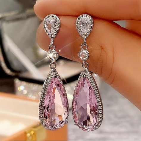 Exquisite Pink Teardrop Zircon Dangle Earrings. Small Teardrop White Zircon On Top With Pink Stone Surrounded By Accent Stones. Pink Diamond Earrings, Colored Earrings, Crystal Teardrop Earrings, Fancy Gifts, Teardrop Dangle Earrings, Alloy Earrings, Writing Gifts, Trendy Earrings, Earring Type