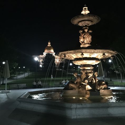 Boston Commons at night Fountain Aesthetic Night, Boston Commons, Park At Night, Fantasy Aesthetic, A Park, Danganronpa, At Night, Boston, The Outsiders