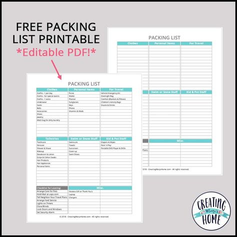 Packing List Printable *Editable PDF!* - creatingmaryshome.com Blank Packing List, Packing Checklist Template, Vacation Packing Checklist, Business Trip Packing, Packing List Template, Printable Packing List, Travel Packing Checklist, Camping Packing List, Packing List For Cruise