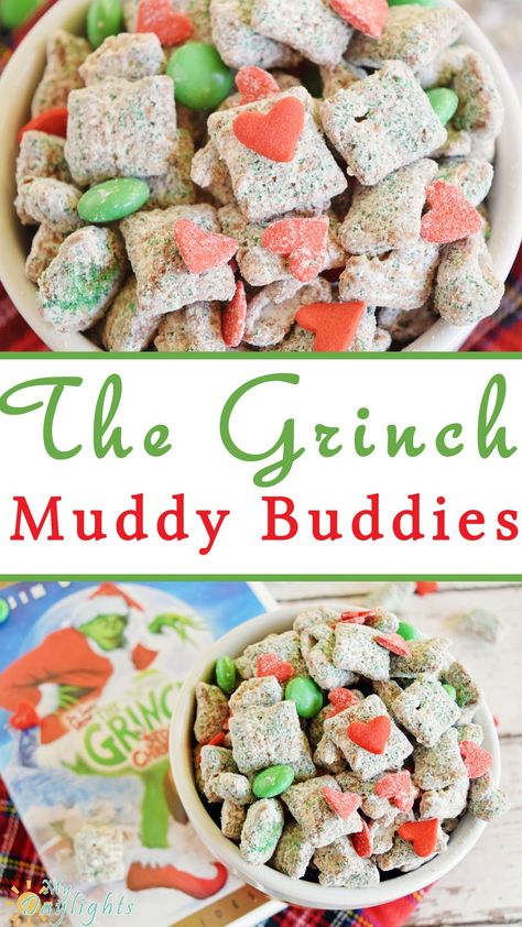 The Grinch Muddy Buddies are a fun Christmas treat to enjoy while watching a Christmas classic! The jumbo hearts are just like the Grinch's heart growing! Grinch Treats, Grinch Snack, Grinch Christmas Party, Grinch Party, Chex Mix Recipes, Grinch Christmas Decorations, Muddy Buddies, Snack Mix Recipes, Puppy Chow