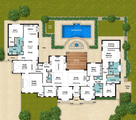 Designed for a rural block, this floor plan is rather spacious. From the entry, one can see right through to the alfresco area to the swimming pool & views beyond. Ideal for those who love entertaining in large numbers, the huge chefs kitchen has you covered. Pool House Connected To Main House, Floor Plan With Pool House, House With Granny Flat Floor Plans, Two Houses In One Floor Plans, 2 Houses Connected Floor Plans, Two Houses Connected Home Plans, 2 Houses Connected, One Storey House Floor Plan, Huge House Floor Plans