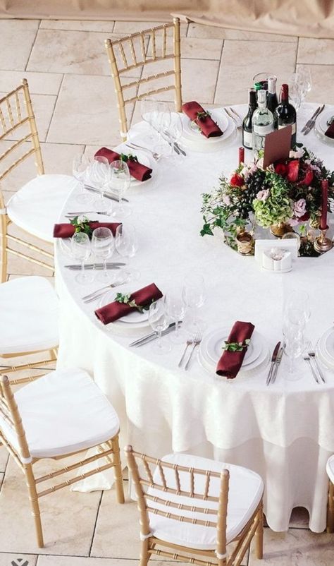 Wedding table decorations for burgundy and ivory wedding Burgundy Wedding Centerpieces, Burgundy Wedding Theme, Classic Wedding Reception, Burgundy Wedding Flowers, Burgundy Wedding Colors, Hall Decorations, Marsala Wedding, Wedding Centerpieces Diy, Wedding Hall