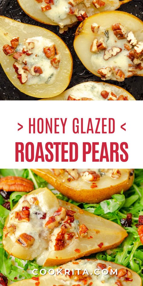 Roasted pears with blue cheese, walnuts, and honey are the ultimate sweet-savory combo. Perfect for holidays, dinner parties, or a cozy treat! 🥂🍐 #PearRecipes #ElegantAppetizers #SweetAndSavory #HolidayCooking Pears With Mayo And Cheese, Roasted Pears With Blue Cheese, Winter Pear Recipes, What To Make With Pears, Pears Recipes Easy, Roasted Pears Recipes, Pears With Blue Cheese, Roasted Pears, Roasted Pear