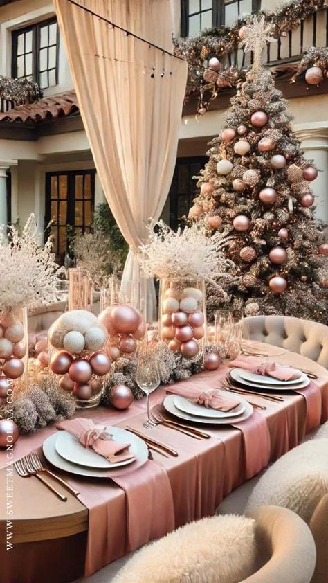 Pink Christmas Tree Magic: 100+ Stunning Ideas for a Magical Holiday Home - Sweet Magnoliaa Pink Christmas Tablescapes, Rose Gold Christmas Table, Sweet 16 Brunch, Pink And Gold Christmas Decor, Pink Christmas Table Setting, Green And Pink Christmas, Pink Tree Christmas, Pink Christmas Theme, Light Pink Decor