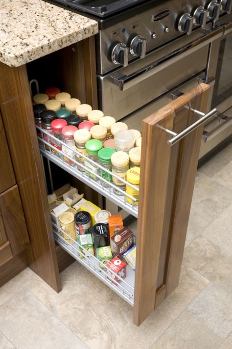 Spice up your life with a pull out spice rack Spice Rack Cupboard, Pull Out Spice Rack, Fridge Design, Kitchen Cabinetry Design, Jute Craft, Galley Kitchen Design, 2024 Kitchen, Kitchen Spice Racks, Kitchen Trolley