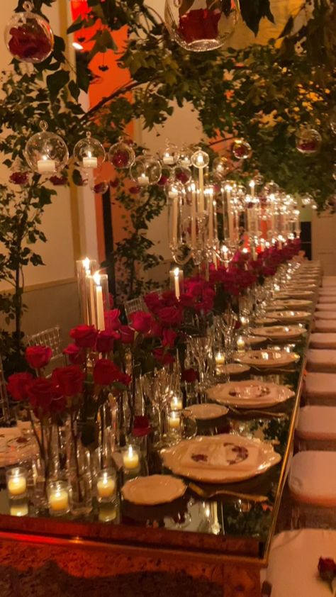 Red Wedding Theme Romantic Reception, Romeo And Juliet Theme Party, Candleabras Wedding Centerpiece, Burgundy Table Setting, Mexican Wedding Aesthetic, Burgundy Quinceanera, Red And Gold Wedding, 21 Party, Red Gold Wedding