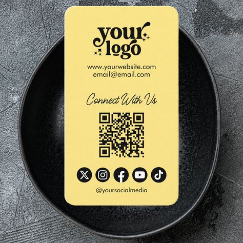 Yellow Business Card, Qr Code Business Card, Vertical Business Cards, Social Media Content, Qr Code, Social Media Platforms, Gaming Wall Art, Business Cards, Service Design