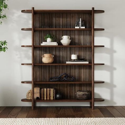 Classic Home Redford 81" Mango Wood Bookcase - Bed Bath & Beyond - 40495673 Standing Shelves Living Room, Living Room Bookshelves Decor, Bookcases In Living Room, Studio Furnishing, Modern Bookcase Design, Bookshelf Design Ideas, Modern Bookshelf Design, Bookshelves Aesthetic, Mid Century Modern Bookcase