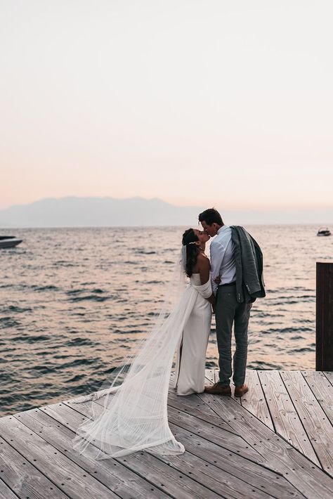 Wedding Dock Photos, Dock Ceremony, Tahoe Pictures, Wedding Kisses, Dock Wedding, Lake Wedding Photos, Boho Wedding Photography, Outdoor Elopement, Wedding Shoots