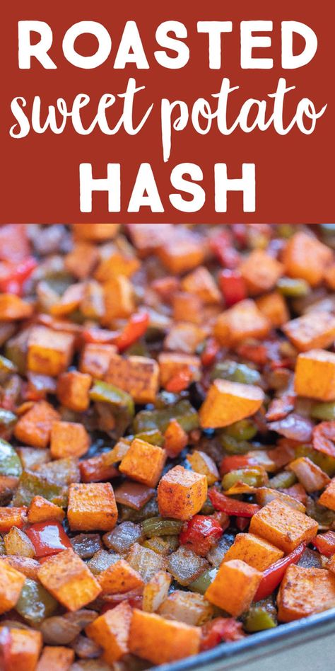 This Roasted Sweet Potato Hash is easy to make and will be a great addition to your breakfast menu! It's flavorful, hearty and filling and goes perfectly with toast, bacon, pancakes, oatmeal, eggs and more! #sweetpotatohash #breakfastrecipe #vegan #sidedish Sweet Potato Hash Recipe, Eggs And Avocado, Sweet Potato Breakfast Hash, Sweet Potato Hash Browns, Potato Hash Recipe, Cubed Sweet Potatoes, Hash Recipe, Sweet Potato Pancakes, Roasted Sweet Potato