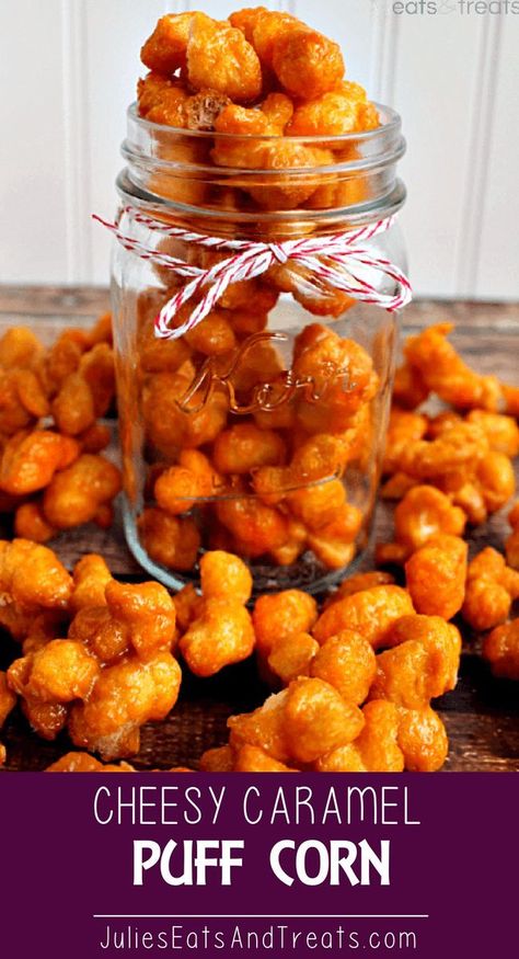 Cheesy Caramel Puff Corn ~ Easy, snack you can make in the microwave! A perfection of sweet, salty and a hint of cheese! Trust me on this one! Got a holiday party you want to bring a snack too? A Football party? A New Year�s Eve party? A�..I want to sit o Caramel Puffed Corn Recipe, Puffed Corn Recipes, Caramel Puff Corn, Puff Corn, Caramel Corn Recipes, Corn Puffs, Party Snacks Easy, Popcorn Treats, Popcorn Snacks