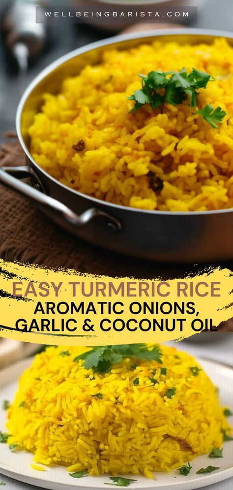 This easy and delicious rice dish is infused with turmeric for added anti-inflammatory benefits! Coconut oil, garlic, and onions sautéed with turmeric bring out rich aromas, while fluffy basmati rice is simmered to perfection in vegetable stock. It’s a simple yet flavorful side dish, perfect for any meal. Ready in just 20 minutes, this recipe is vegan, wholesome, and great for meal prep!  #HealthyRecipes #TurmericRice #VeganCooking #EasyMeals #RiceLover #HealingFoods #CleanEating India Side Dish, Turmeric Rice And Chicken, Flavoured Rice Recipes, Turmeric Basmati Rice, Coconut Turmeric Rice, Turmeric Rice Recipe, Tumeric Rice, Basmati Rice Recipes, Turmeric Rice