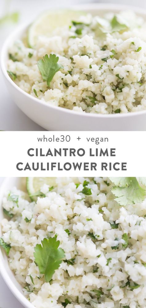 This cilantro lime cauliflower rice is a simple 5 minute side dish recipe that's healthy and jam packed full of flavor, thanks to fresh cilantro, lime juice. A touch of rich coconut cream makes it the best! Easy to make with frozen cauliflower rice or fresh. Whole30, vegan, paleo, vegan, and low carb. Great in burrito bowls or as a Mexican side dish. #cauliflowerrice #whole30 Whole30 Sides, Coconut Cauliflower Rice, Lime Cauliflower Rice, Whole30 Meals, Paleo Vegetables, Whole30 Vegan, Mexican Side, Cilantro Lime Cauliflower Rice, 40 Aprons