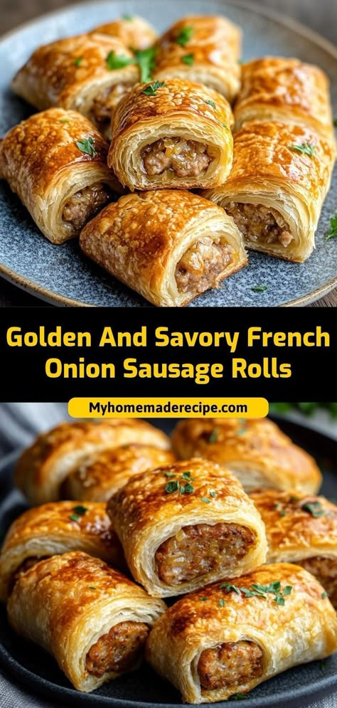 These French onion sausage rolls are savory, golden, and packed with flavor. A perfect appetizer or snack for any occasion! Ingredients: 1 lb sausage 1 sheet puff pastry 1 onion, caramelized 1 cup shredded cheese Recipes For Sausage, Sausage Puffs, Sausage Rolls Recipe, Sausage Meat, Puff Pastry Appetizers, Pastry Appetizer, Sausage Roll, Make Ahead Appetizers, Savoury Pies