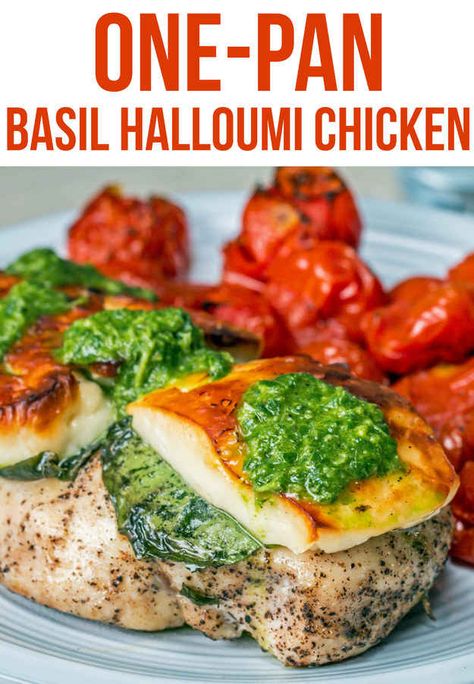 One-Pan Basil Halloumi Chicken Halloumi Chicken, Chicken And Halloumi, Spring Dinner, Low Carb Diets, Weeknight Dinner, Chicken Dinner, Chicken Dishes, Pesto, Tomatoes