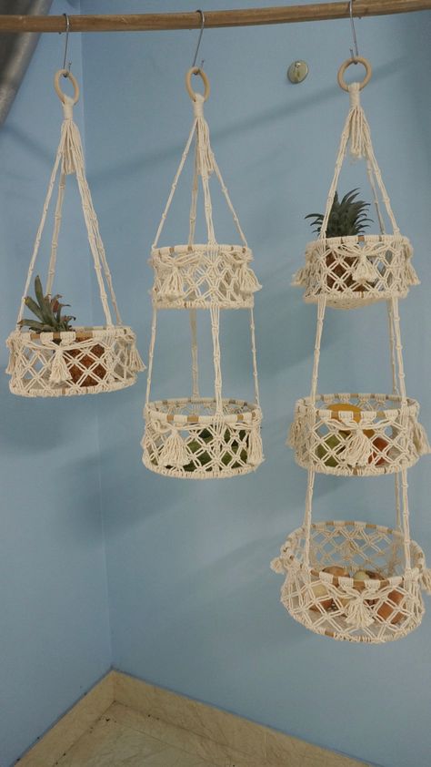 Macrame 3 Tier Hanging Basket, Produce Organization, Macrame Kitchen, Macrame Fruit Hammock, Macrame Hanging Basket, Fruit Hammock, Hanging Fruit Basket, Onion Storage, Potato Storage