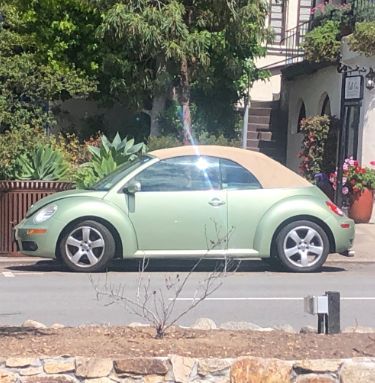 This image shows a picture of a green Volkswagen bug convertible parked on a street with trees in the background Pink Volkswagen Beetle, Green Convertible, Green Bug, Vw Beetle Convertible, Green Beetle, Volkswagen Beetle Convertible, Bug Car, Car Deco, Beetle Car