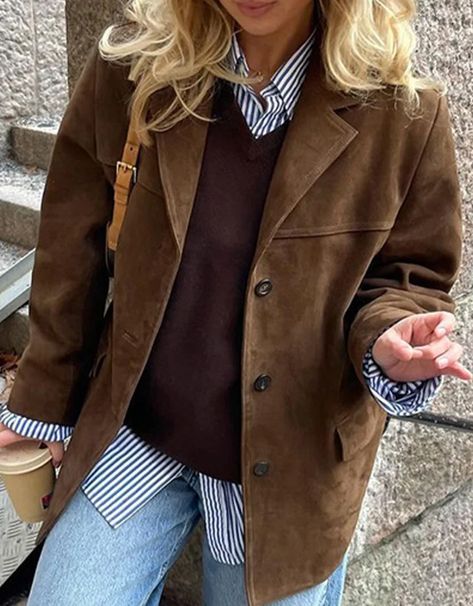 Casual Street Buttons Turndown Collar Outerwear Suede Jacket Outfit, Leather Blazer Women, Suede Jacket Women, Faux Leather Jacket Women, Winter Fashion Jackets, Suede Blazer, Leather Blazer Jacket, High Street Fashion, Brown Suede Jacket