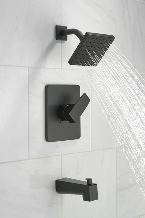 Matte Black Faucet, Tub, and Shower Trim Kit Matte Black Shower Fixtures, Black Shower Fixtures, Square Bathtub, Black Shower Faucet, Black Tub, Modern Tub, Popular Aesthetic, Shower Fixtures, Shower Faucet Sets